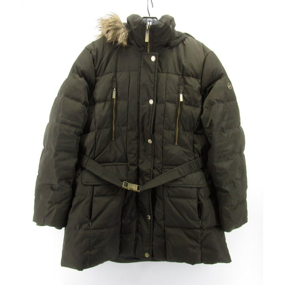 Michael Kors Black Quilted Puffer Coat with Faux Fur Trim